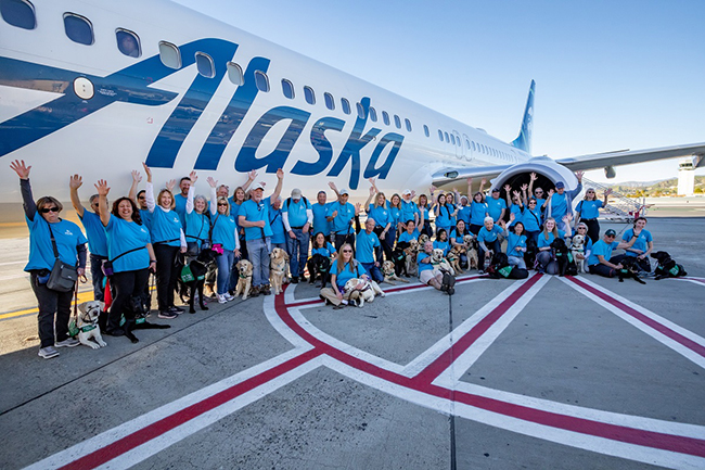 GDB puppy raising volunteers’ wave at the camera while standing on the tarmac in front of an Alaska airplane. The raisers are all wearing matching bright blue shirts and the pups wear their green vests.